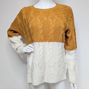 Mustard Yellow & White Color Block Cable Knit Sweater